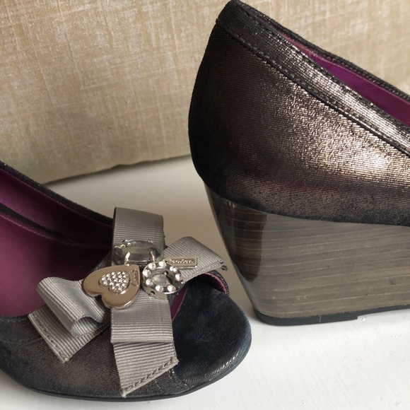 Shoes - COACH Peep Toe Jewled, Satin bow, charms, authentic, wedge, HOLIDAY, wedding